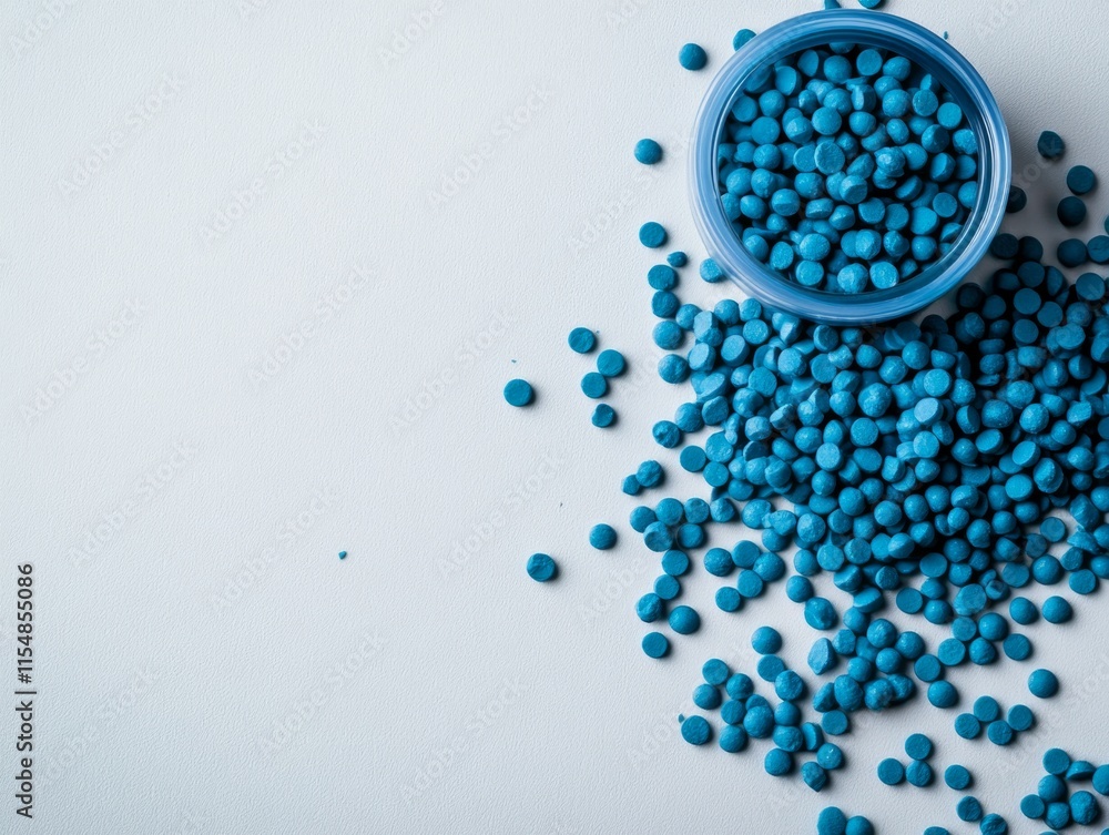 Poster Colorful blue plastic pellets are scattered across a white surface, some clustered and others placed randomly, creating a visually appealing scene