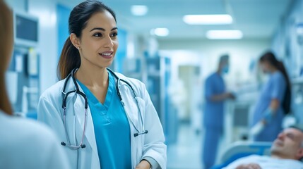 Hospital Care Specialist doctor interacting a patient in a busy hospital ward