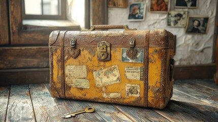 [Homecoming connection nostalgia] Vintage Brown Suitcase with Yellow Gold Lining Antique Travel Trunk