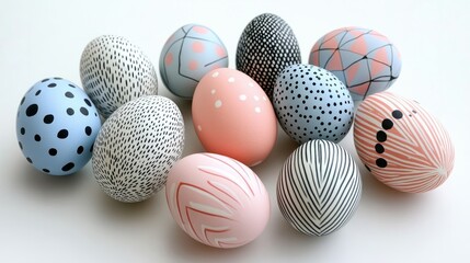 Fototapeta premium Light pastel-colored Easter eggs with simple patterns, arranged in a subtle pattern on a soft white background