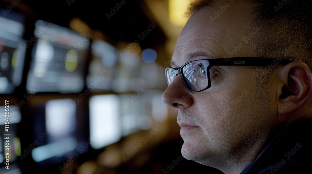 Aufkleber focused security professional analyzes a surveillance monitor in a dimly lit room, surrounded by ref