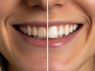 Radiant smile transformation displayed with one side featuring discolored teeth and the other side revealing bright, white teeth after a whitening treatment