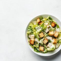 Classic Caesar salad with croutons and dressing. Featuring romaine lettuce and parmesan