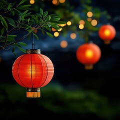 Obraz premium [Red lanterns in Japanese garden at night] Serene Night Scene with Red Lanterns Against Dark Sky