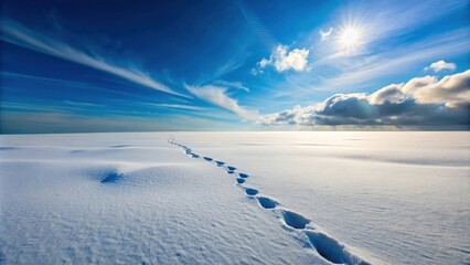 Footprints in the snow leading to a bright winter sun and a vast, cloud-filled sky.
