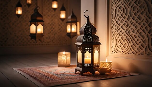 Ornate Metal Lantern Candles Warm Ramadan Setting