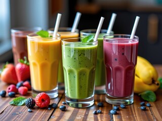 Delicious Smoothie Variety Colorful Fruit Blend Healthy Drinks