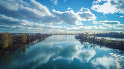 Fototapeta premium River Bridge Under a Cloudy Sky. Scenic Landscape with Reflection.