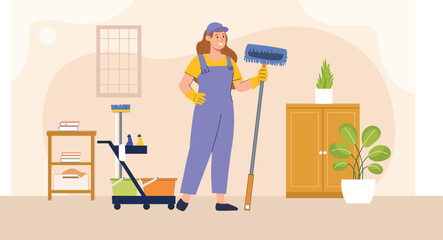 A professional artwork showing housekeeping staff cleaning with tools like mops and vacuum cleaners.