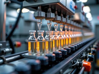 Naklejka premium Automated Liquid Filling Machine Industrial Production Line Manufacturing Process Glass Bottles