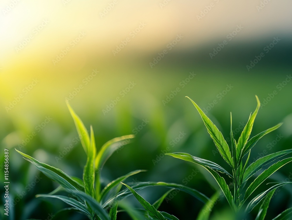 Poster softly illuminated green leaves sway in the wind under bright sunlight, offering a peaceful, eco-fri