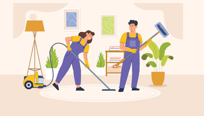 Fototapeta premium A cheerful depiction of a professional cleaning team maintaining a home with advanced equipment.