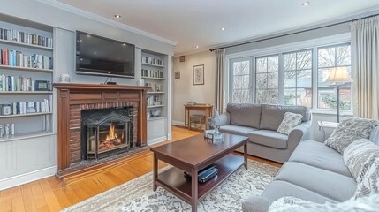 Fototapeta premium Cozy living room with fireplace, built-in bookshelves, and large windows.