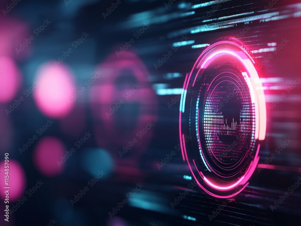 Poster Bright neon screen features colorful data charts with a magnifier focusing on a graph, surrounded by glowing digital elements, providing ample copy space