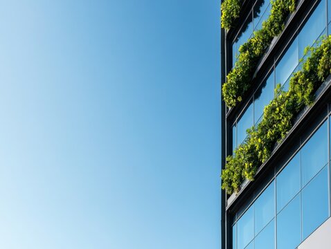A sleek glass office structure features integrated vertical greenery that mirrors a clear blue sky, showcasing sustainable architecture in a modern city environment