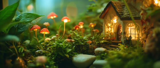 Enchanted Fairy House Miniature Garden with Glowing Mushrooms