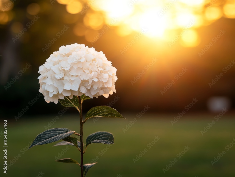 Poster a single white hydrangea flower stands tall against a softly blurred golden bokeh background, creati