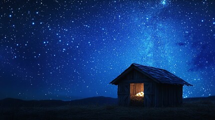Ethereal Wooden Nativity Stable at Night, Embracing the Serenity of a Deep Blue Starry Sky, Celebrating the Birth of Jesus Christ