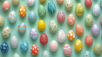 Small, colorful Easter eggs arranged in a random, cheerful pattern on a light green background 