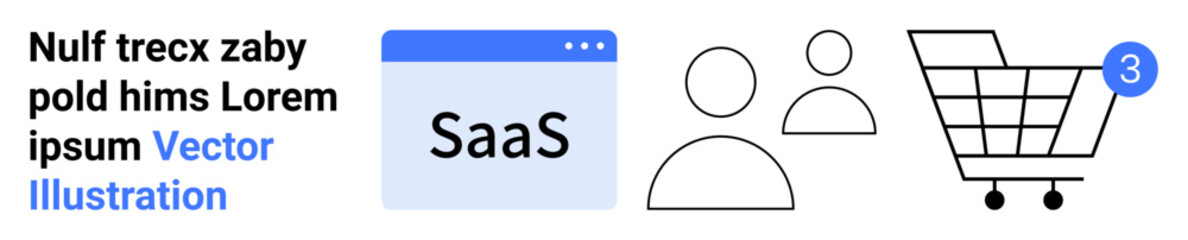 SaaS in browser window, two user icons, shopping cart with three notifications, and placeholder text. Ideal for e-commerce, SaaS platforms, user management, online shopping, notifications, web