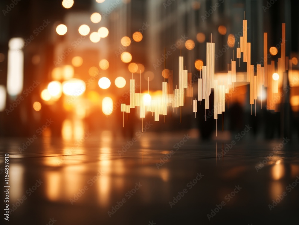 Aufkleber Blurry bokeh lights complement faint financial graphs and currency symbols, illustrating the concept of fintech innovation with ample copy space for text