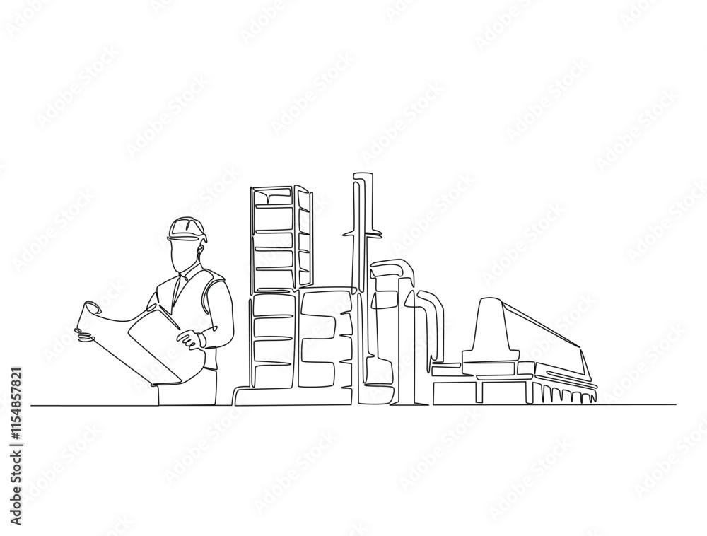 Poster continuous one line drawing of engineer holding blueprint paper and industrial plant with chimney. f