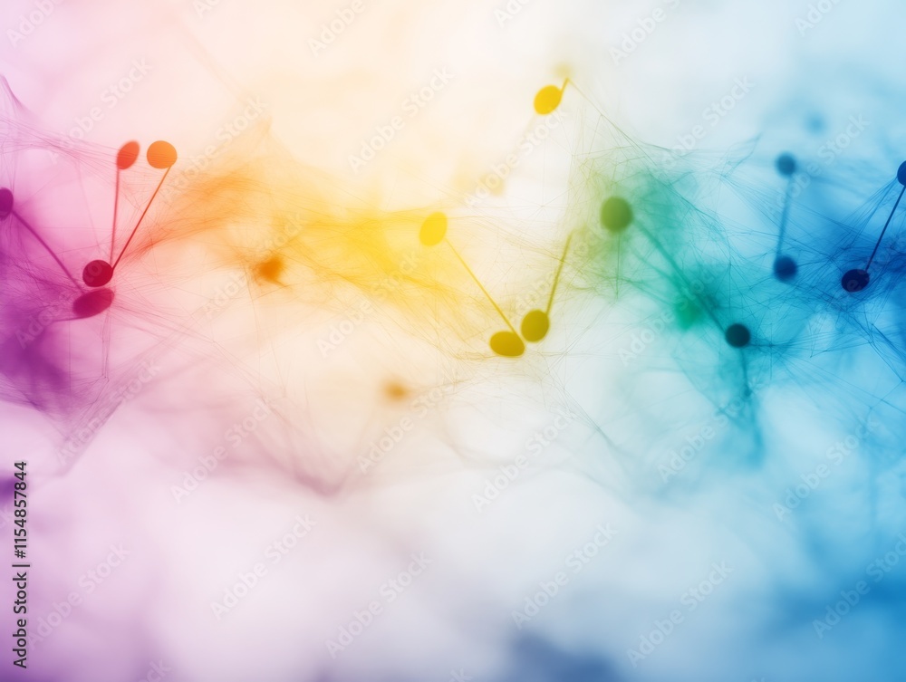 Fototapete Dynamic colorful music notes float against a white background with neural network lines, enhancing creativity and inspiration with vibrant abstract art
