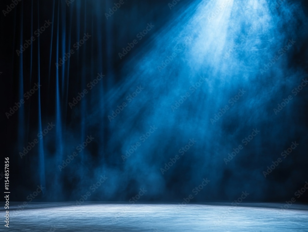 Poster dark blue velvet curtains frame the stage, while a single spotlight highlights the center, creating 