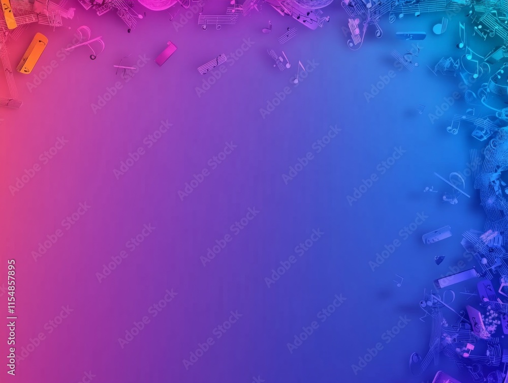Poster Floating music notes and symbols in vibrant colors are layered over a glowing gradient background, providing a lively composition with space for text