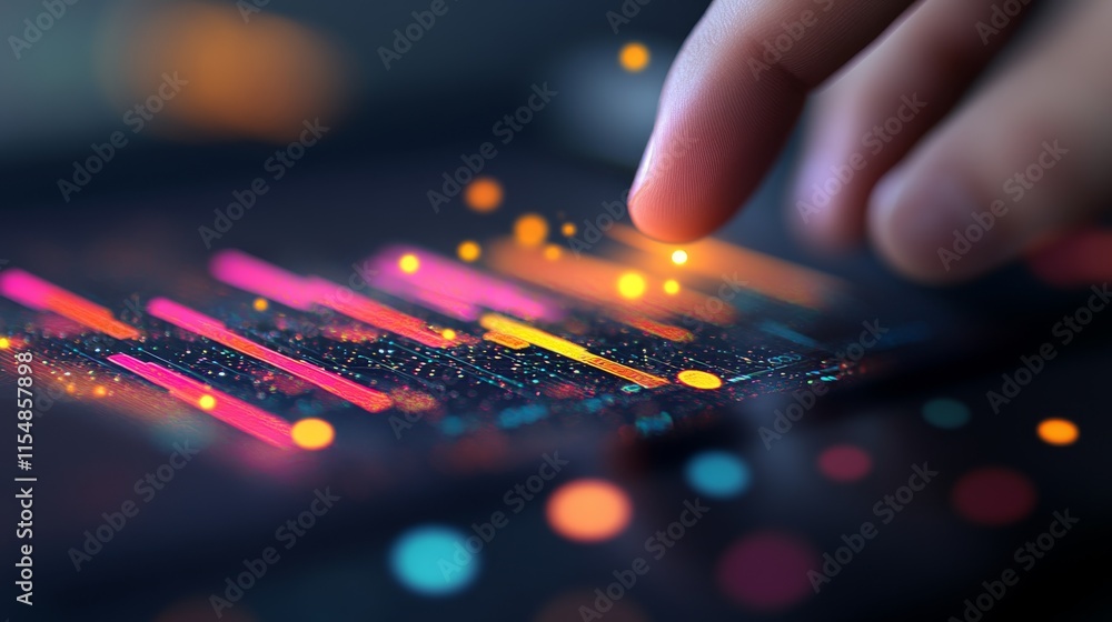 Poster a finger taps on a brightly colored digital timeline chart on a tablet, highlighting various data po