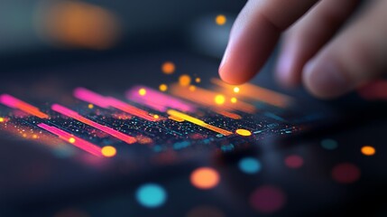 A finger taps on a brightly colored digital timeline chart on a tablet, highlighting various data points with clear, glowing details. Copy space enhances the focus