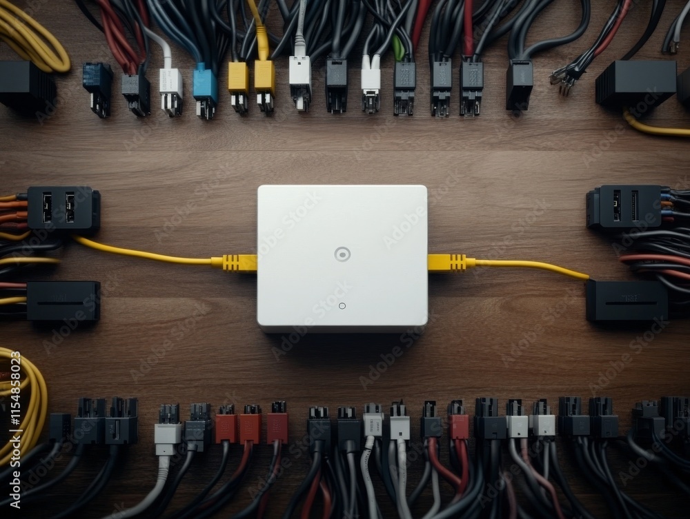 Poster A network switch is at the center with a yellow Ethernet cable, surrounded by neatly arranged colorful cables, indicating efficient organization