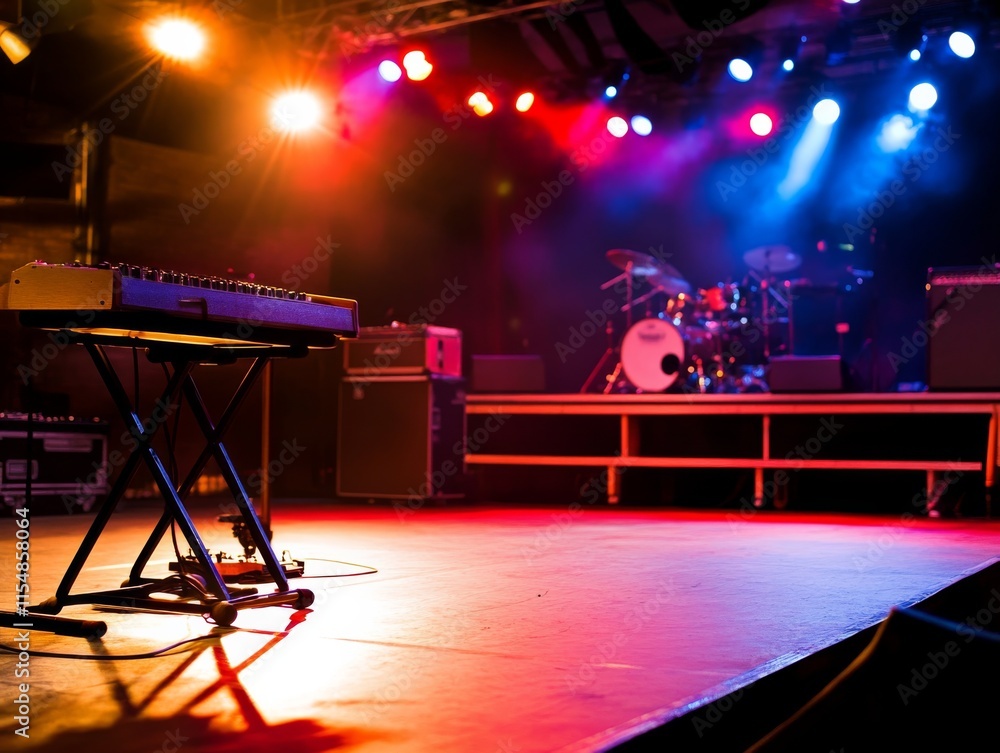 Poster vibrant concert stage with red and blue lights highlighting various musical instruments at a quiet v