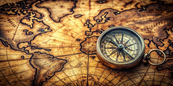 An antique compass rests on a vintage world map, symbolizing exploration and the quest for discovery.