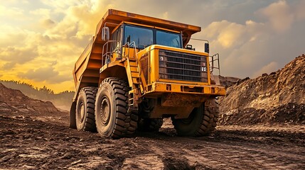 Fototapeta premium Heavy Duty Mining Truck on Construction Site. Concept of Mining, Transportation, and Industry.