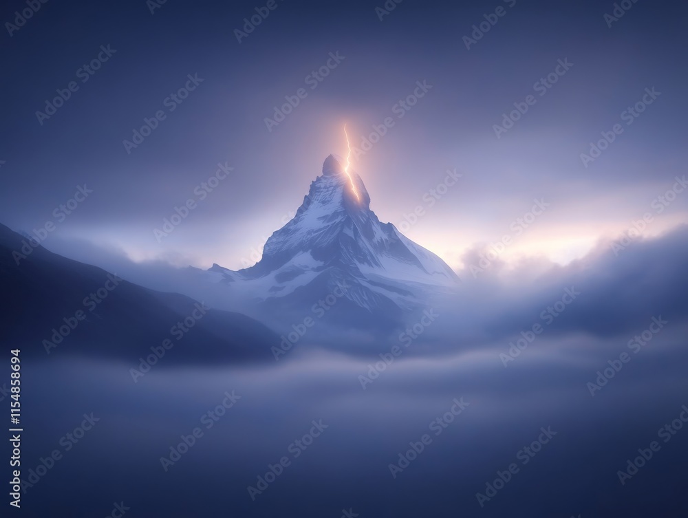 Poster A lightning bolt strikes a mountain peak at night, creating a dramatic glow that highlights the rugged terrain and the surrounding rolling clouds