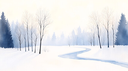 Obraz premium A frosty watercolor landscape depicting a frozen river winding through a snowy forest. Bare trees stand stark against the icy terrain, while soft hues of white, blue, and subtle gray create a calm,