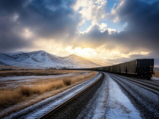 Fototapeta premium A freight train winds through snow-covered mountains, contrasting dark steel with a white landscape, creating a stunning view under a moody sky