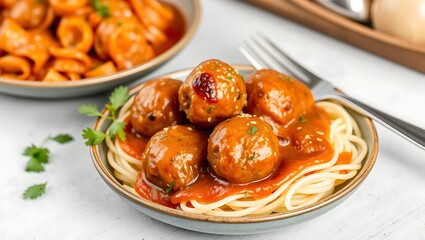 Fototapeta premium Closeup of meatballs and spaghetti with tomato sauce dish, a classic Italian meal
