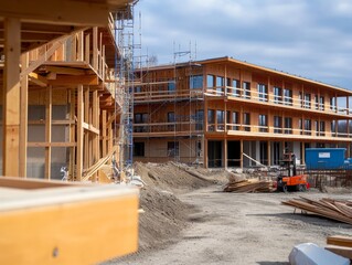 Obraz premium Housing development shows a row of partially built homes under construction, featuring scaffolding and construction materials scattered across the site