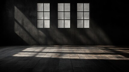 Dark room with three windows and wooden floor, sunlight streams in.