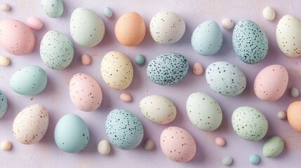 Wallpaper with a variety of small Easter eggs in shades of blue, green, and pink, on a soft lavender background 