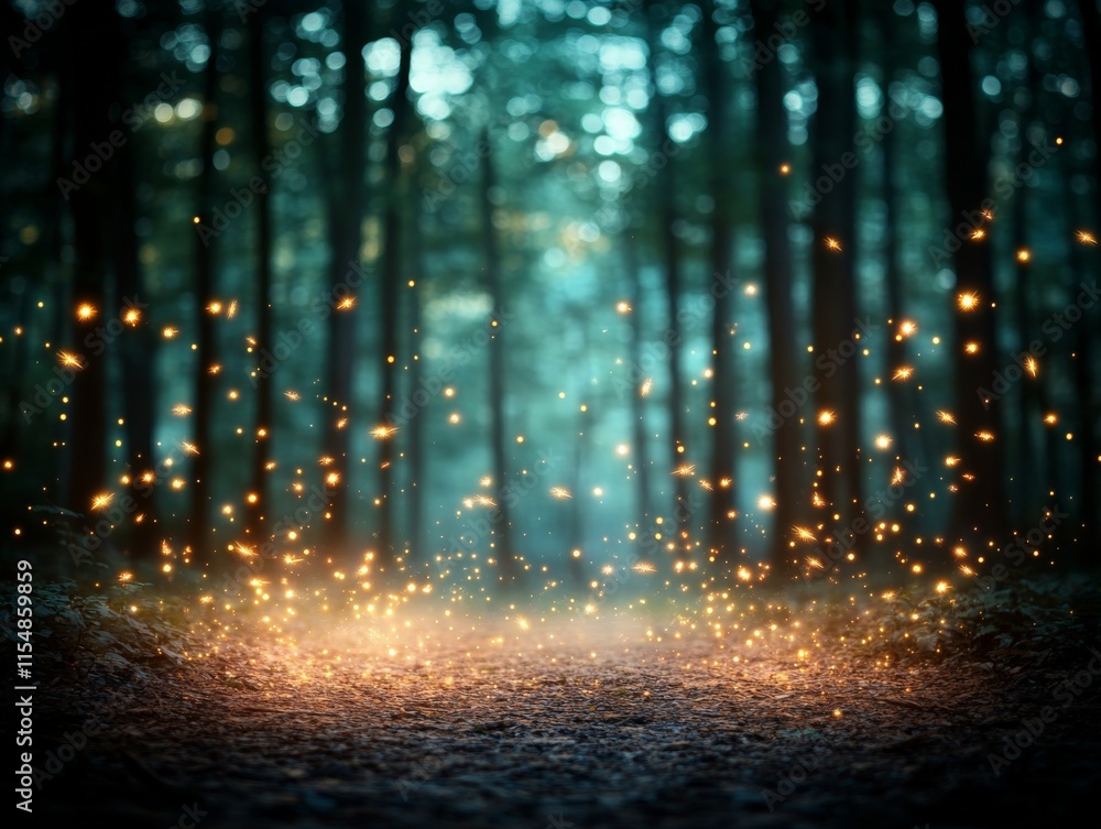 Poster Wide-angle view of a mystical forest clearing at midnight with glowing fireflies and shimmering dust in the air, framed by tall trees and soft moonlight
