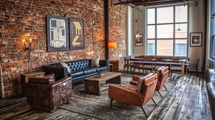 Fototapeta premium A rustic brick wall enhances a chic industrial space adorned with vintage furnishings, warm lighting, and eclectic decor, embodying a charming and authentic modern lifestyle.