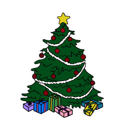 a drawing of christmas tree and ornaments decorate prettily with a lot gift boxes on it