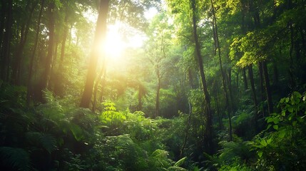 Obraz premium Sunlight filtering through lush rainforest canopy. Concept of nature, wilderness, and tranquility.