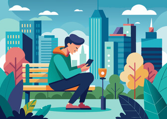 A person sitting on a park bench in a bustling city, using their smartphone to browse social media, with skyscrapers and people in the background.