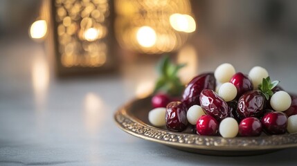 Dates, cranberries, and white sweets on a metallic plate with lanterns in the background.