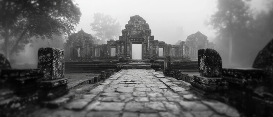 Foggy Temple Ruins: Mystical Ancient Architecture in Black and White