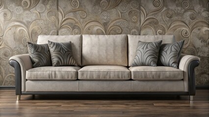 Elegant Beige Sofa with Decorative Pillows Against an Ornate Wall